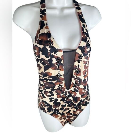 St. John Brown Cheetah Print Halter One Piece Swimsuit - Picture 2 of 10